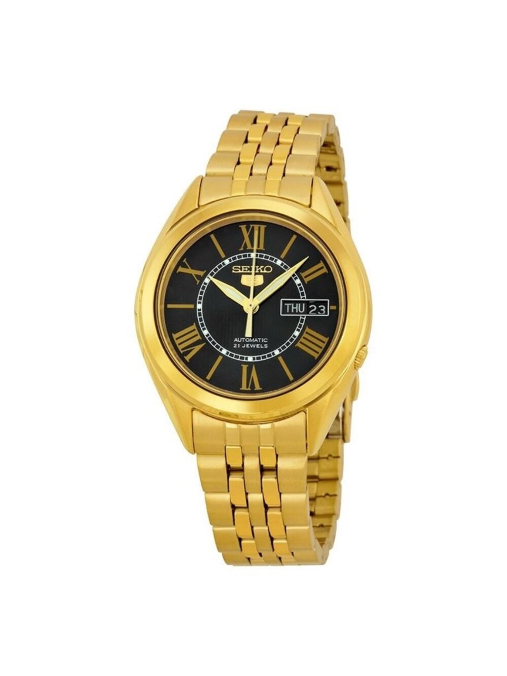 NWT Seiko 5 Vintage Automatic Black Dial Yellow Gold-plated Men's Watch